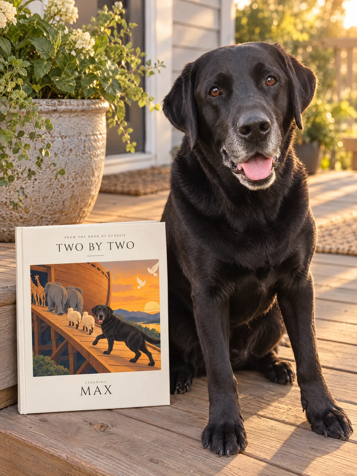 Max, a black Labrador, on the porch beside his book