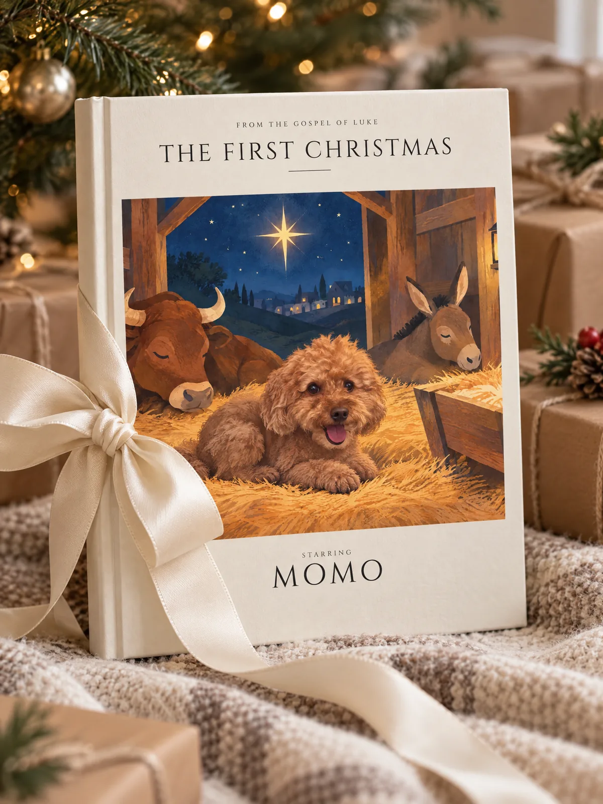 The finished hardcover tied with a ribbon under the tree